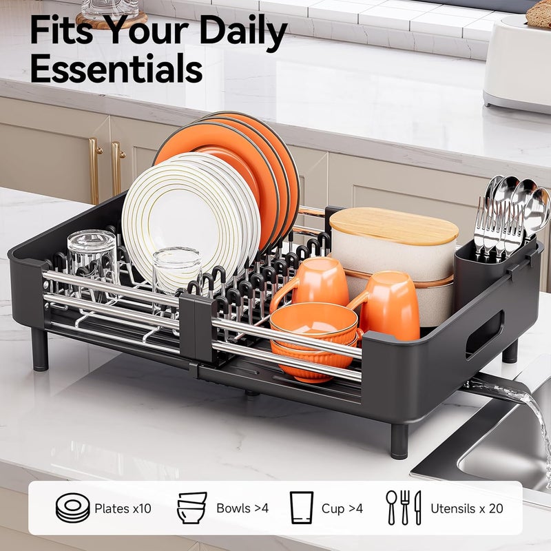 Urackify Stainless Steel Dish Drying Rack - Dish Drainer for Kitchen Counter, Extendable Drainboard with Foldable, Space-Saving Cup & Bowl Organizer, Includes Knife and Utensil Holder, Black - Image 2